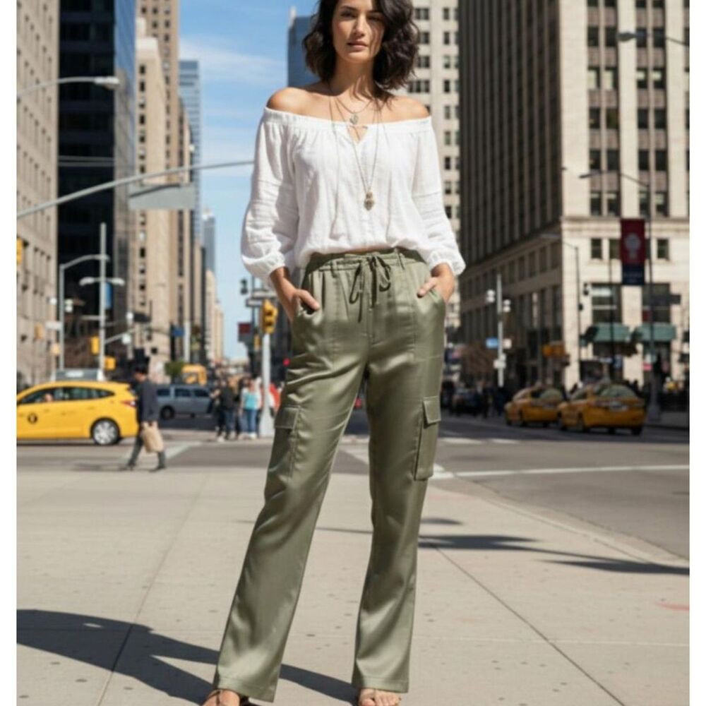 Altar'd State Sage Green Satin Cargo Pants Women's Size Medium Boho Jogger Silk - Picture 8 of 8